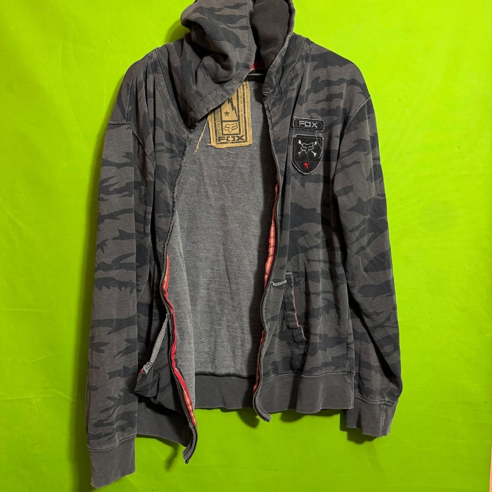 Fox Racing Camo Full Zip Hoodie Grey Tiger Stripe Vintage Distressed Y2K Large